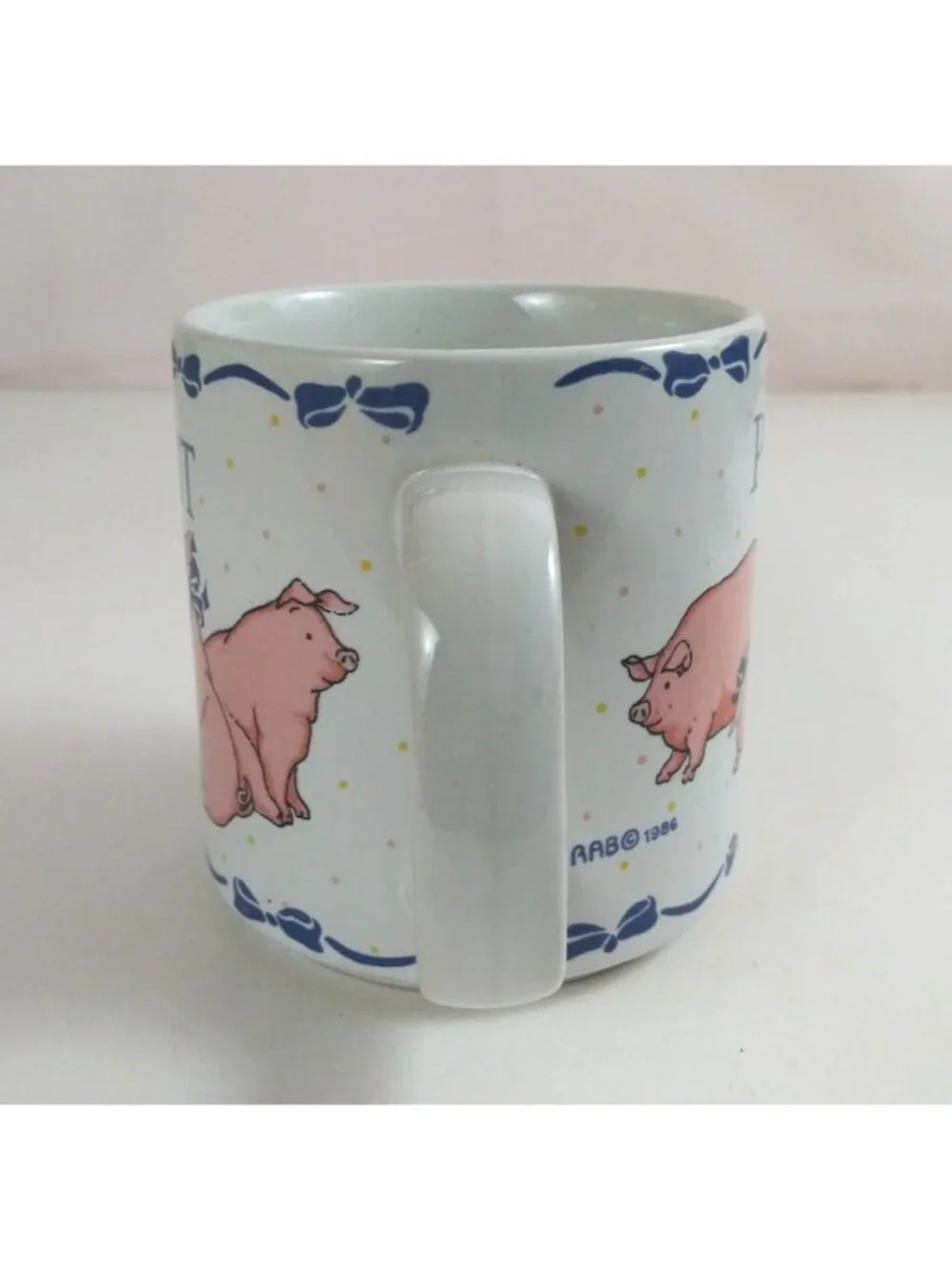 Vintage 1986 RAB Sunnycraft Pig Out Blue Bows & Cute Pigs Coffee Cup Korea